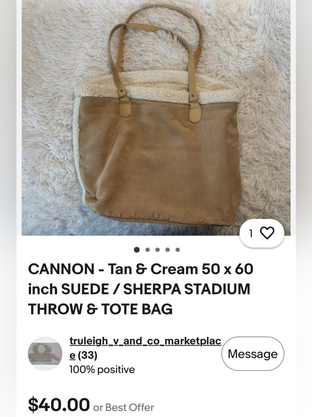 CANNON Cozy Shearling-Lined Women’s Tote Bag in Tan NWOT